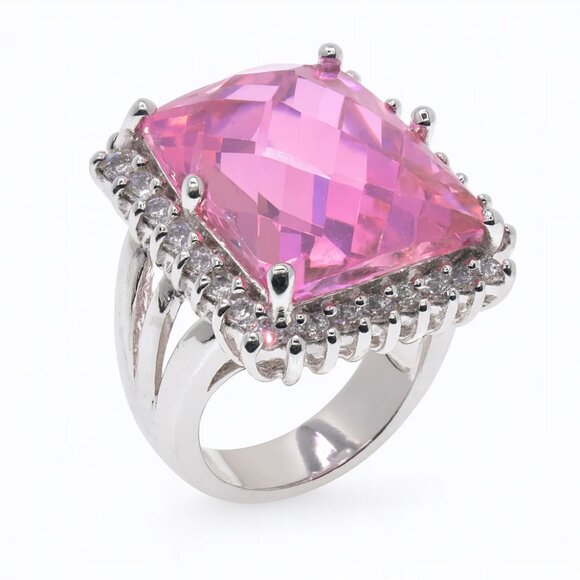 925 Sterling Silver Jewelry - Sterling Silver 925 Rhodium Plated Large Pink CZ Cocktail Ring